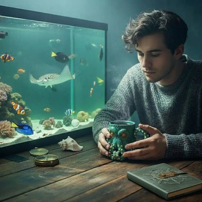 Homme observant un aquarium tout en tenant le mug Kraken Émeraude.