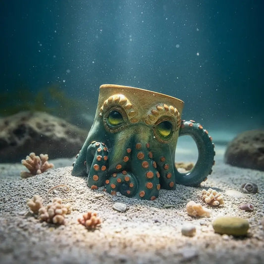 Mug Octopus Solaire posé sur le sable au milieu des coraux sous-marins.