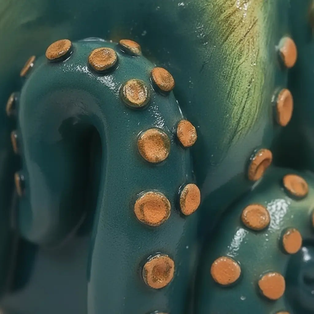 Détail macro des ventouses du mug Octopus Solaire, texture artisanale et céramique brillante.