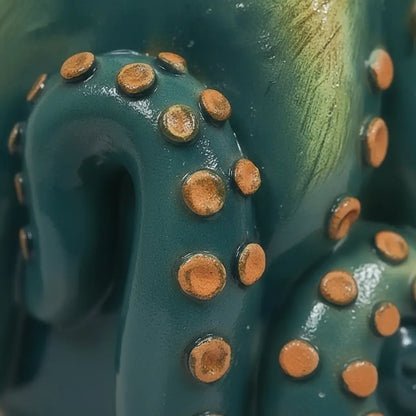 Détail macro des ventouses du mug Octopus Solaire, texture artisanale et céramique brillante.