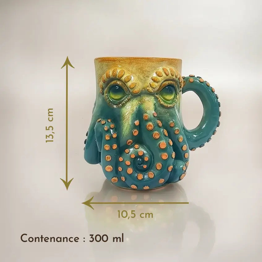 Dimensions et contenance du mug Octopus solaire sur fond blanc, 300 millilitres.