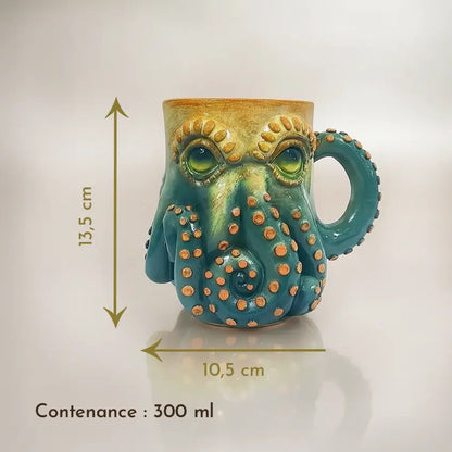 Dimensions et contenance du mug Octopus solaire sur fond blanc, 300 millilitres.