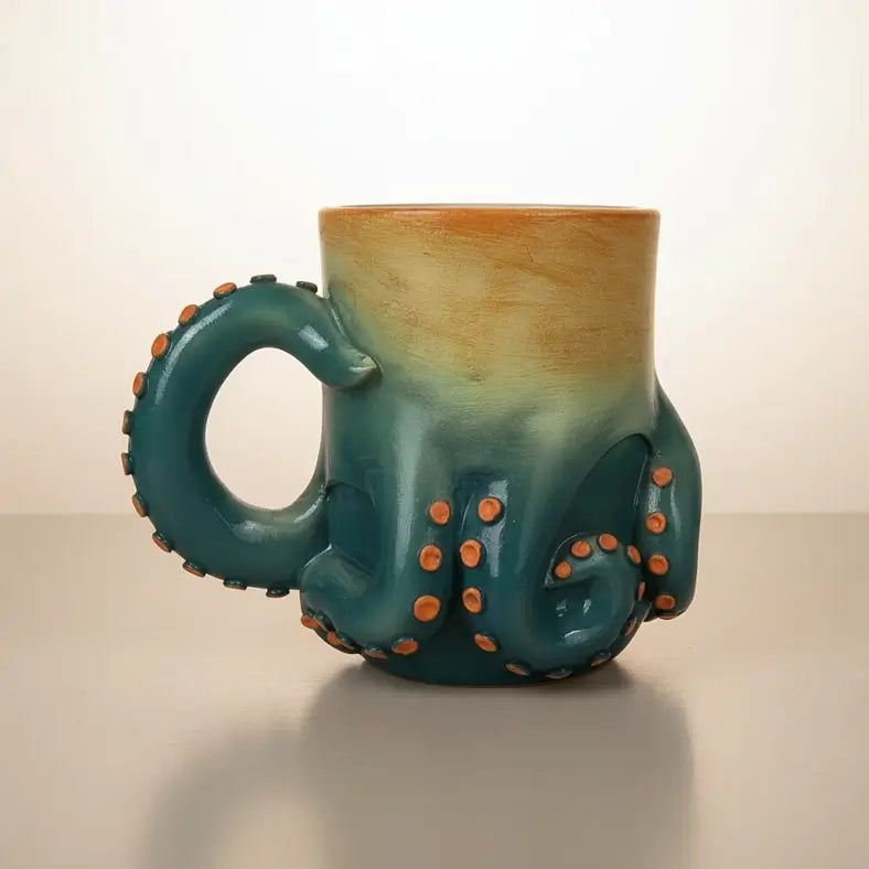 Vue face arrière du mug Octopus Solaire montrant les tentacules sculptées et les détails de texture.