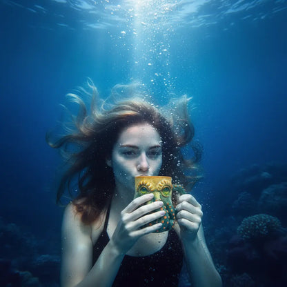 Femme buvant dans le mug Octopus Solaire en plongée sous-marine, ambiance immersive réaliste.