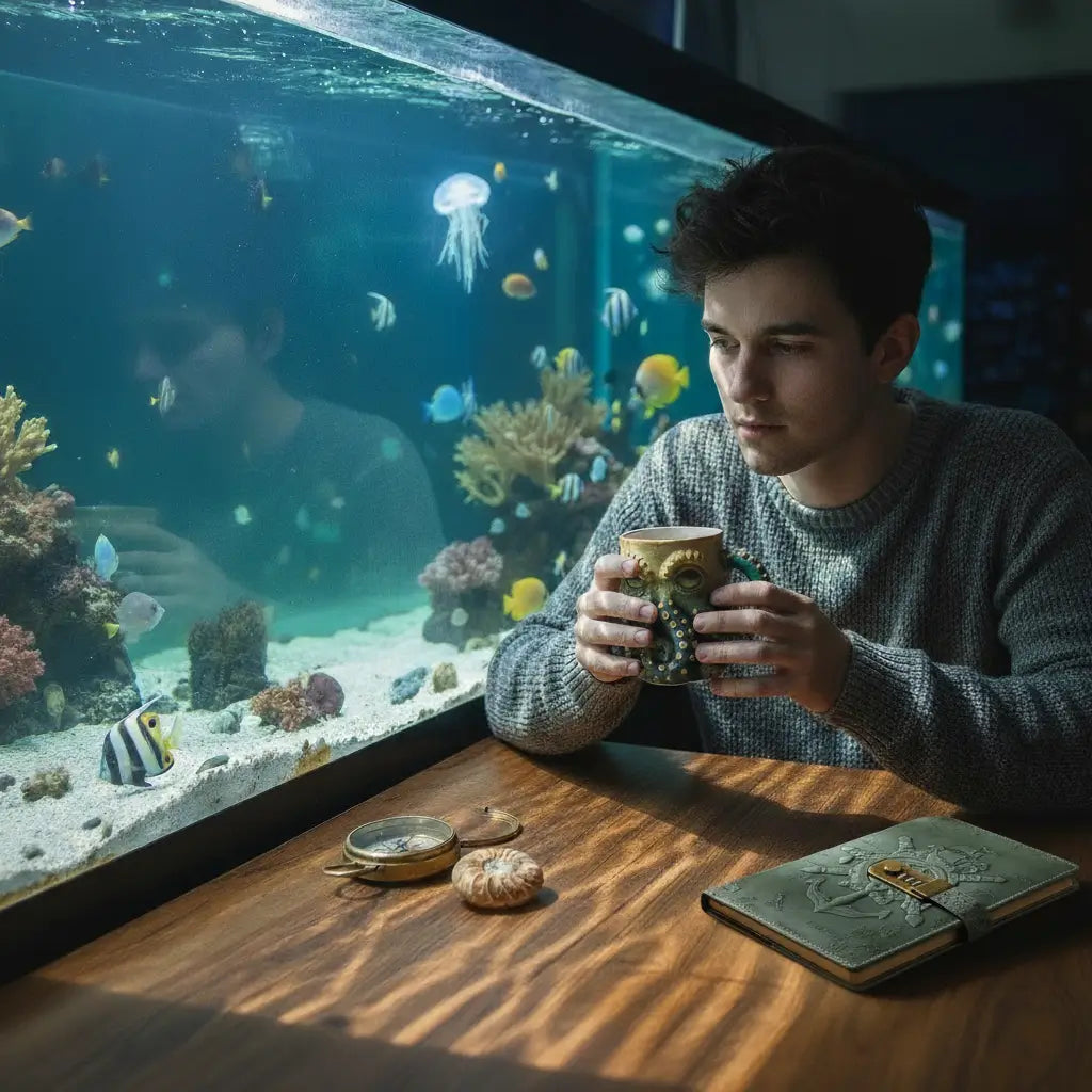 Homme tenant le mug Octopus Solaire devant un grand aquarium marin.