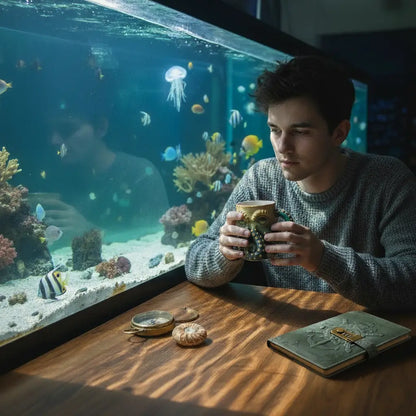Homme tenant le mug Octopus Solaire devant un grand aquarium marin.