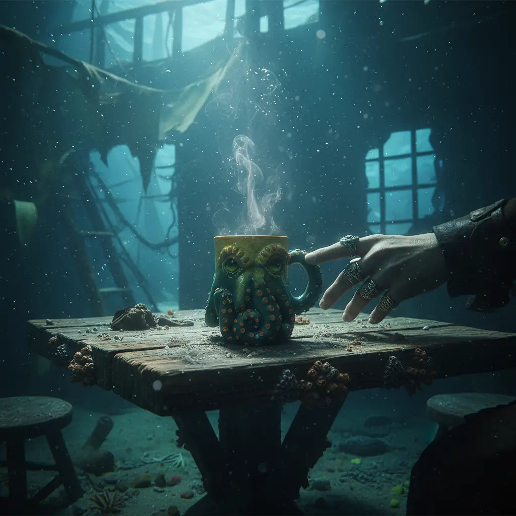 Mug Octopus Solaire posé sur une table de cabine pirate, ambiance océanique immersive.
