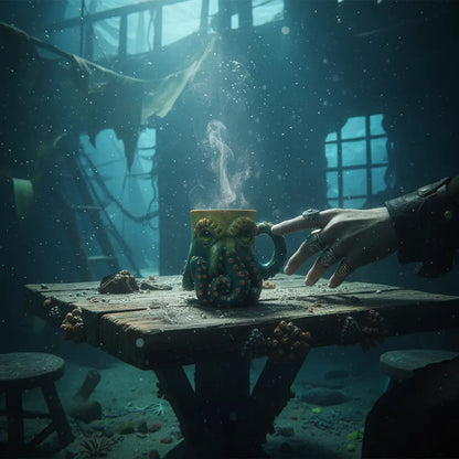 Mug Octopus Solaire posé sur une table de cabine pirate, ambiance océanique immersive.