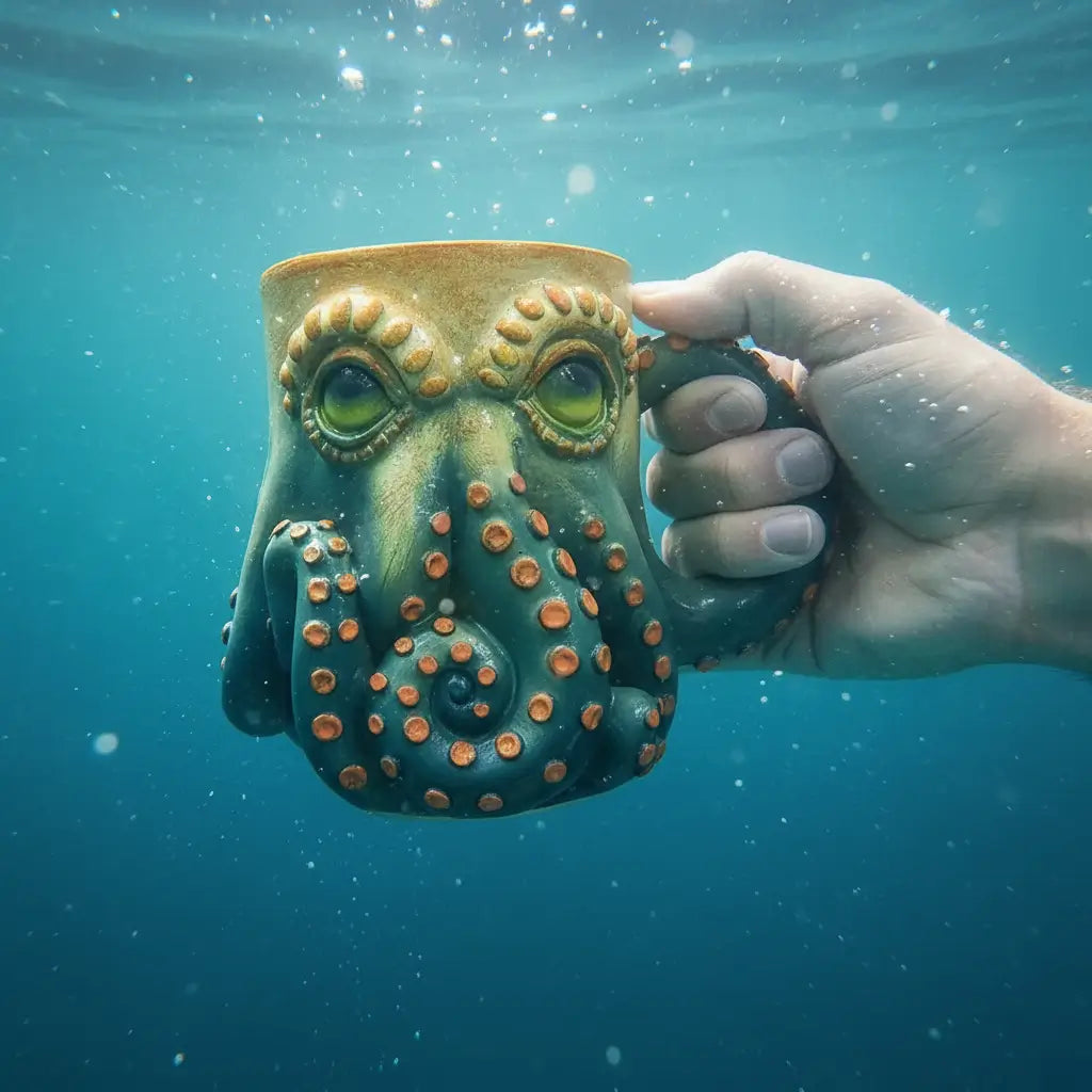 Main tenant le mug Octopus Solaire sous l’eau, dans une lumière bleutée.