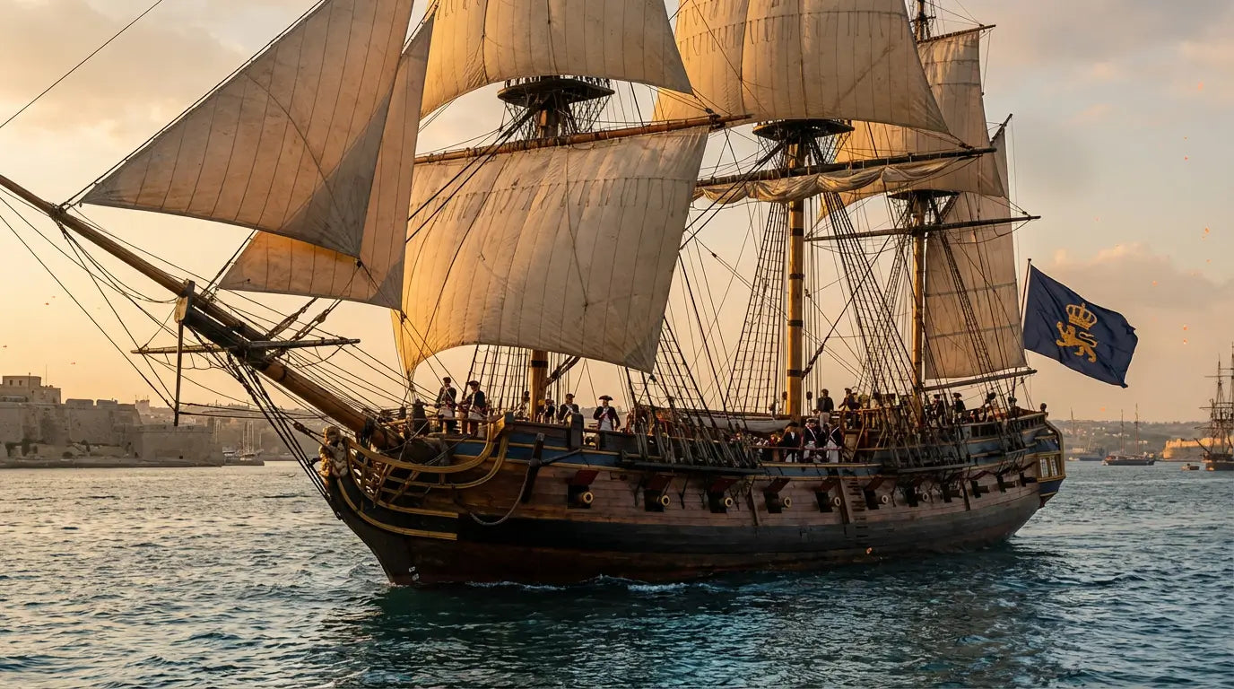 Vue cinématique d'un grand navire type voilier corsaire qui navire en mer, relativement proche d'une terre.