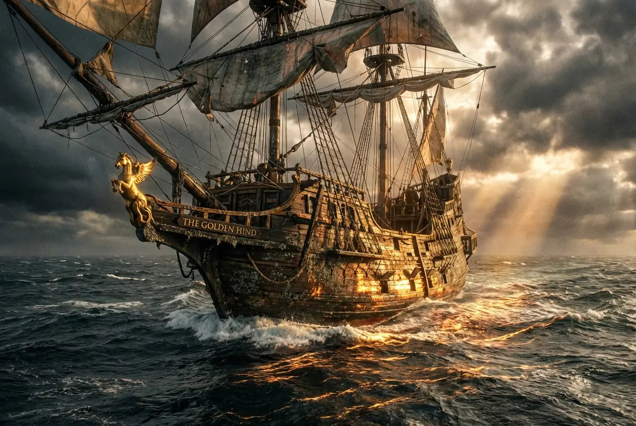 Navire du Gouvernail d'Orée qui navire dans une mer agitée sous les rayons de soleil perçant un plafond de nuages gris.