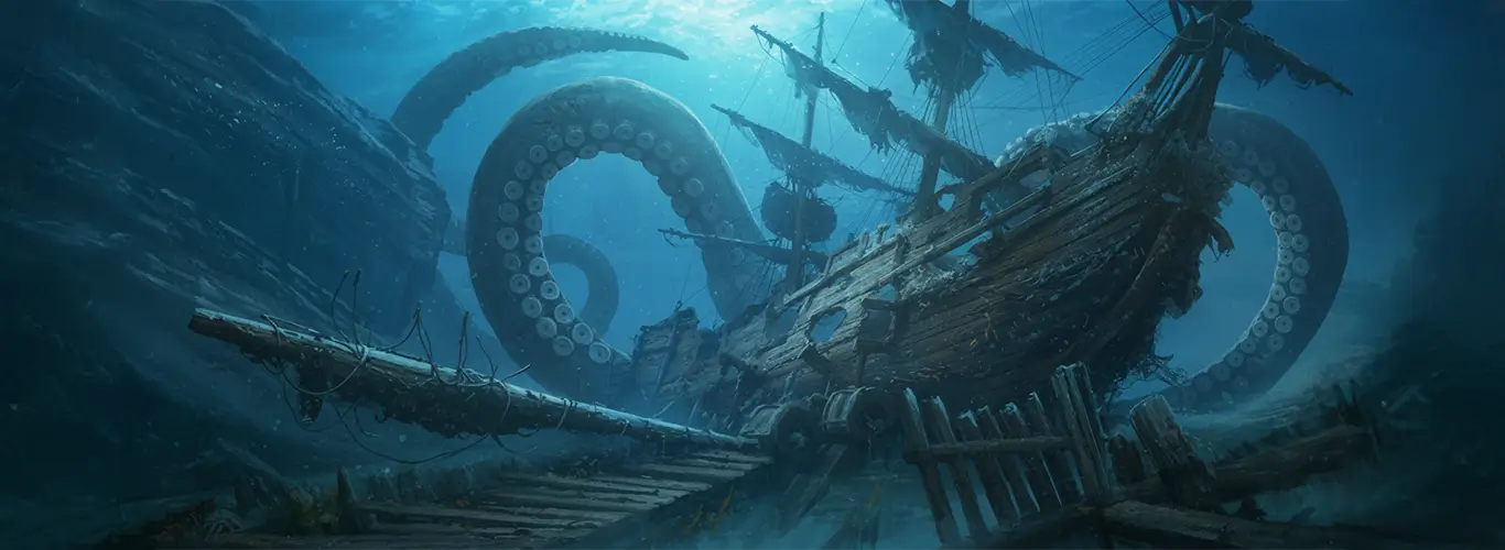 Navire qui a coulé dans les profondeurs abyssales avec les tentacules angoissantes d’un kraken géant en arrière-plan.