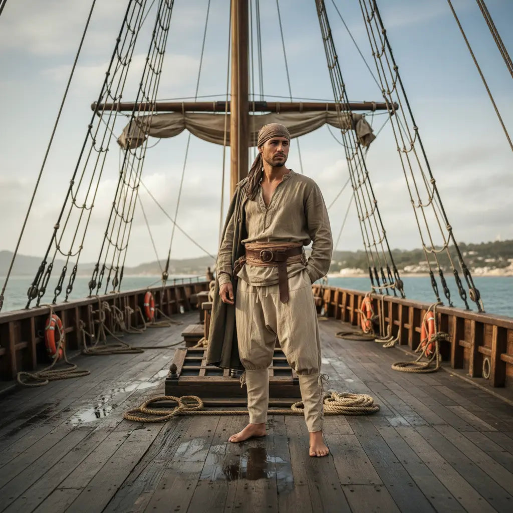 Pantalon du corsaire des mers porté avec tenue pirate complète sur un navire ancien.