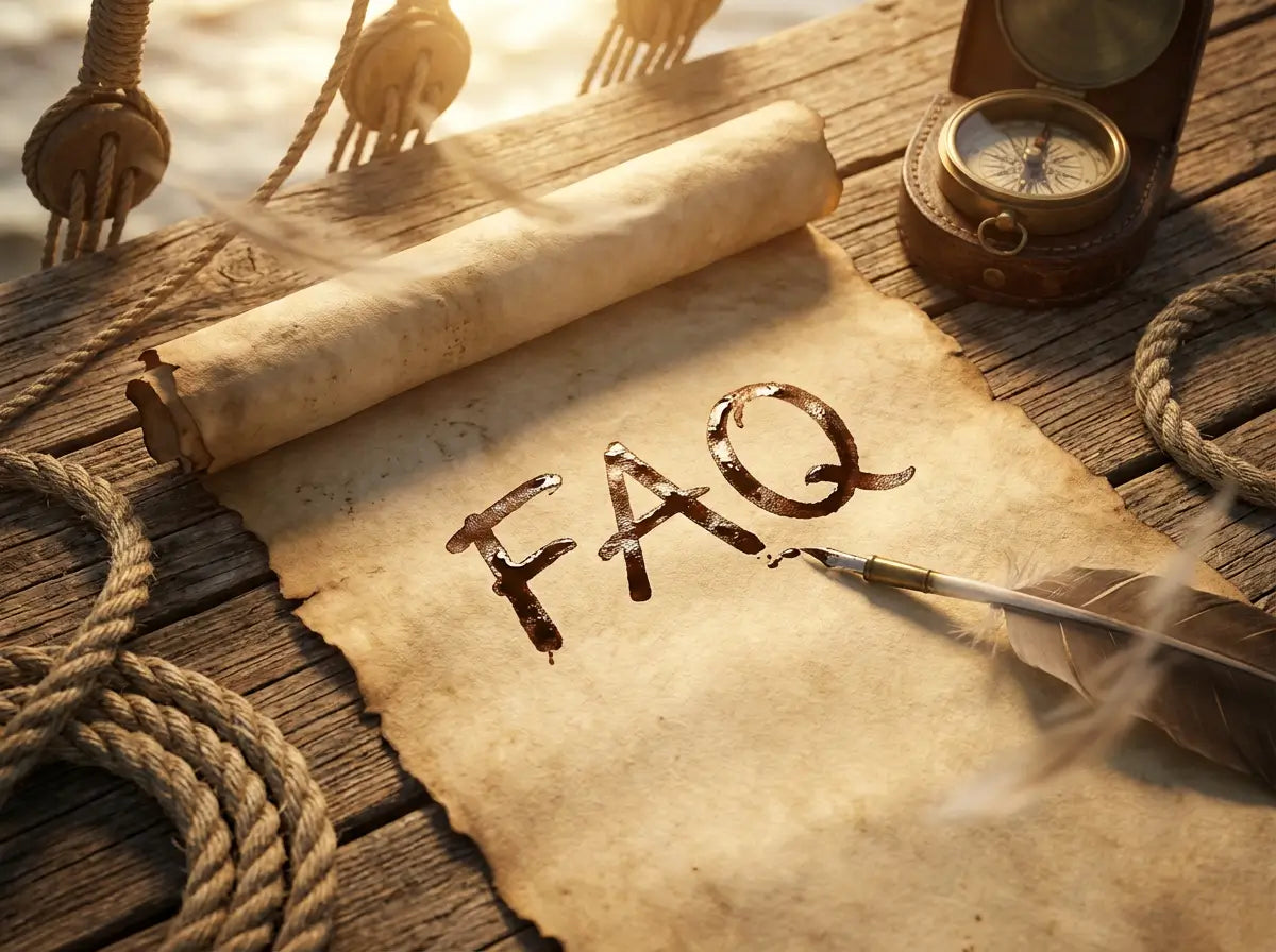 Parchemin vieillit sur le pont d’un navire avec l’inscription “FAQ” à l’encre d’une plume, cordes et boussoles disposés à côté.