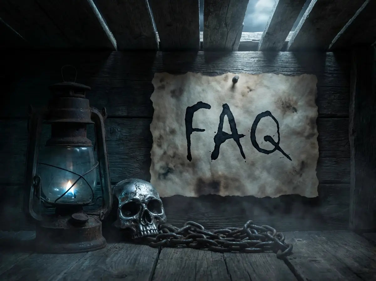 Intérieure d’une boîte en bois foncé avec un message “FAQ” inscrit à l’encre accroché aux côtés d’un crâne argenté et d’une lanterne, ambiance sombre.
