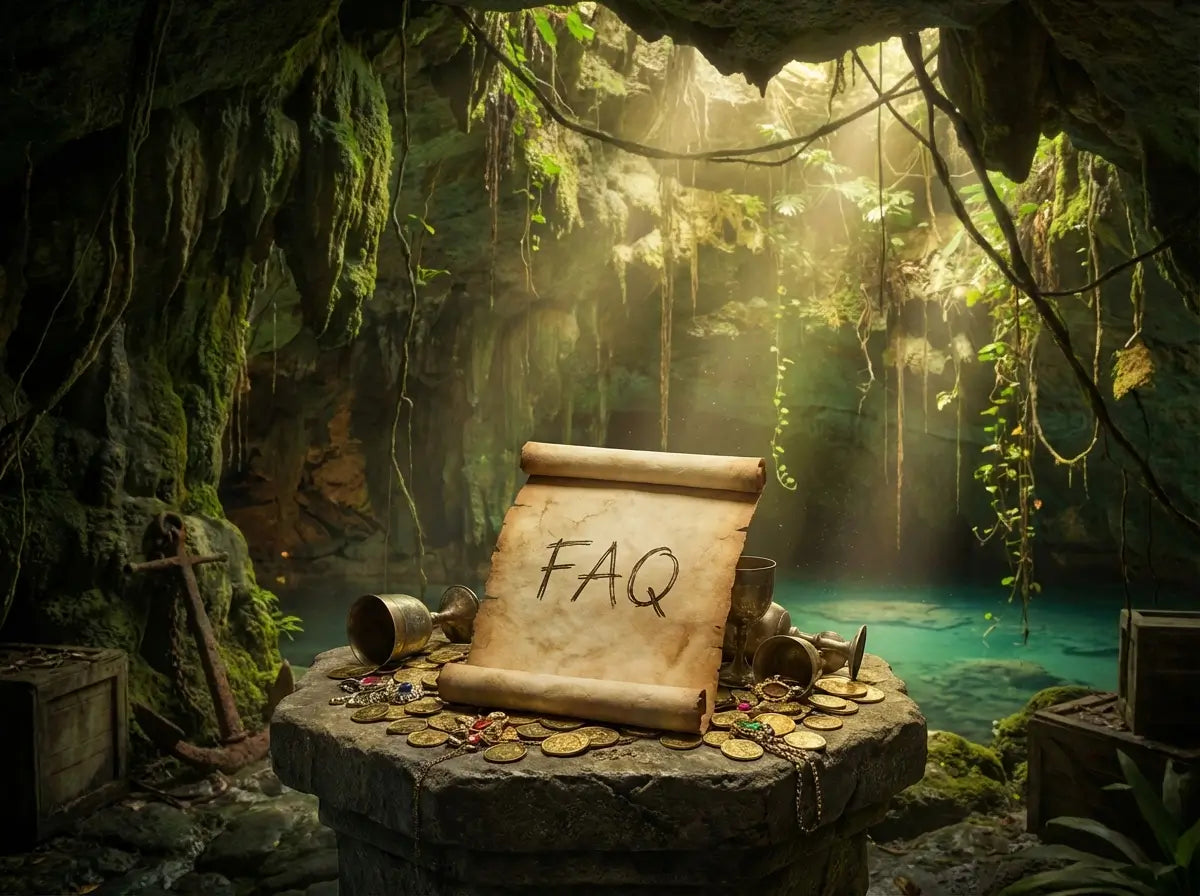 Vieux parchemin avec inscrit “FAQ” disposé au coeur d’une grotte tropicale enfouies, avec des trésors et des calisses.