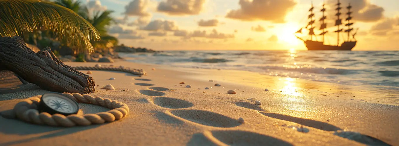 Plage de sable fin avec traces de pas, une boussole posée au sol et la vue sur la mer et  l’horizon avec un navire au loin.