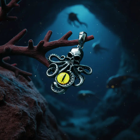 Pendentif Pieuvre à l’Œil Mystique jaune suspendu parmi les coraux sous-marins, lumière bleutée.