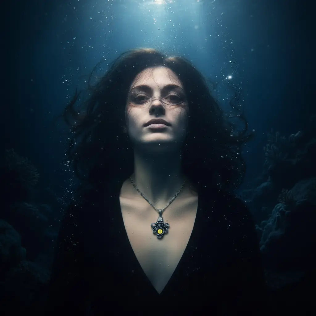 Femme portant le pendentif Pieuvre à l’Œil Mystique jaune dans une ambiance sous-marine profonde.