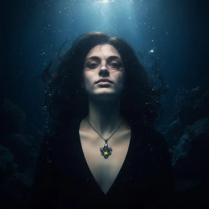 Femme portant le pendentif Pieuvre à l’Œil Mystique jaune dans une ambiance sous-marine profonde.