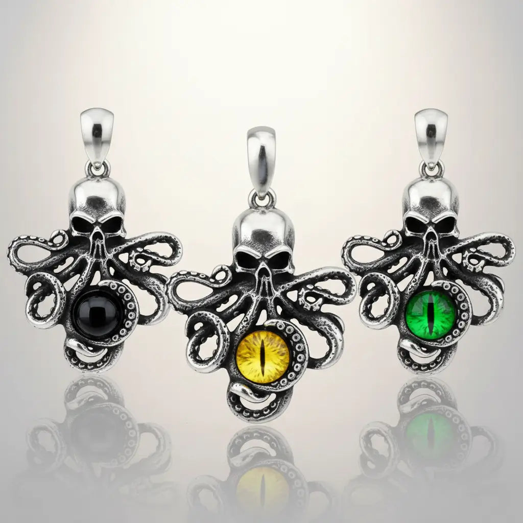  Ensemble de pendentifs Pieuvre à l’Œil Mystique vert, jaune et noir sur fond blanc, collection Abysses.