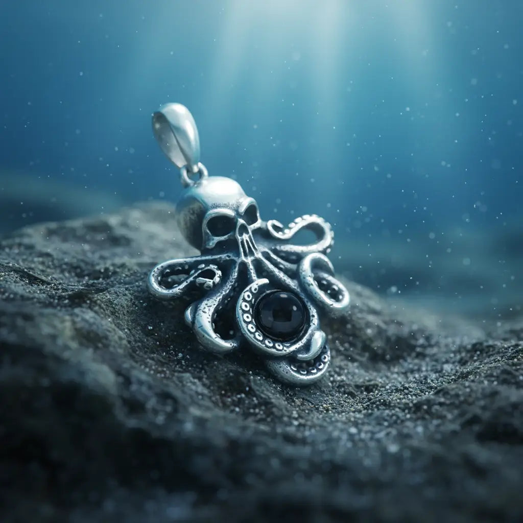 Pendentif Pieuvre à l’Œil Mystique argenté reposant sur le sable marin éclairé par les abysses.