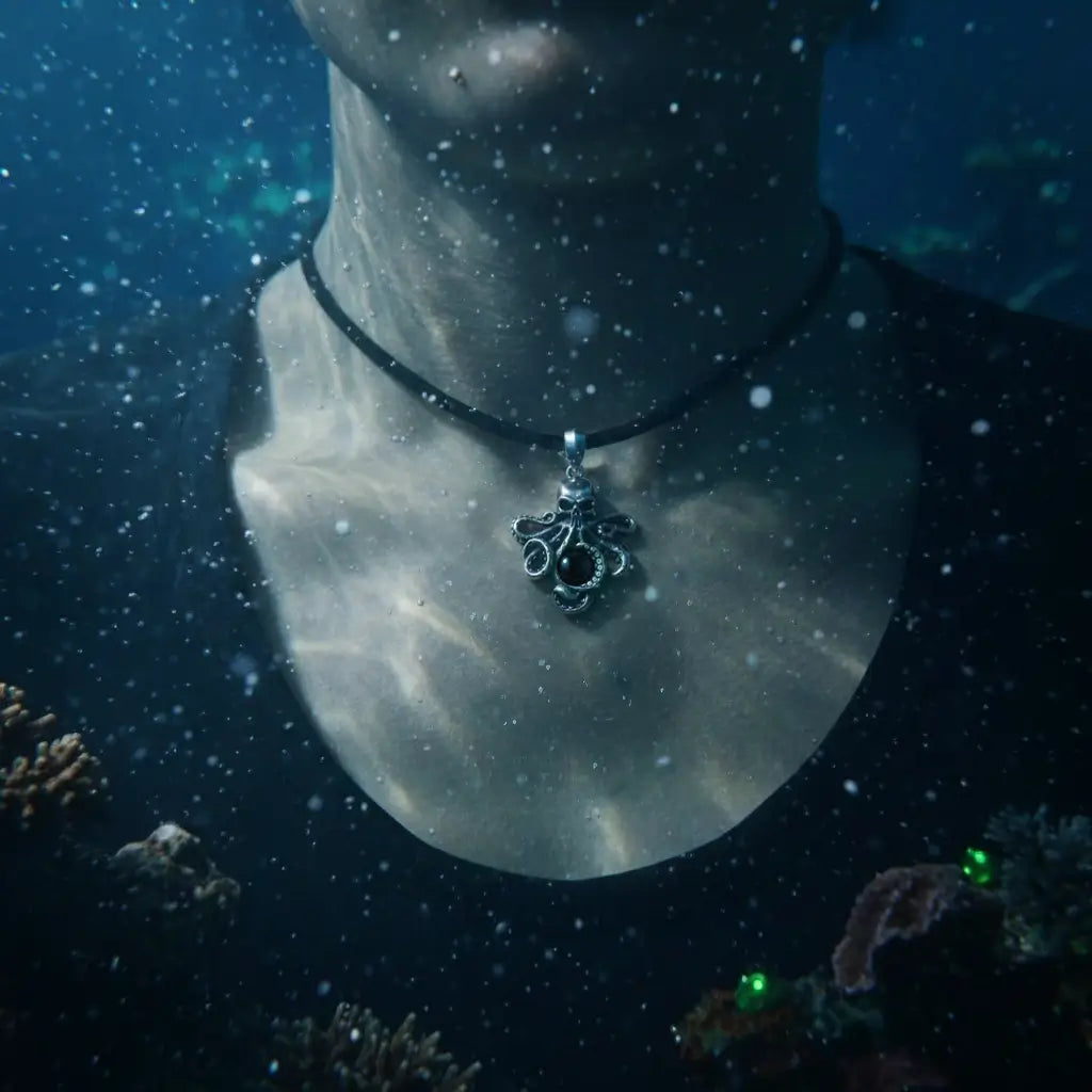 Homme portant le pendentif Pieuvre à l’Œil Mystique noir sous l’eau, lumière aquatique diffuse.