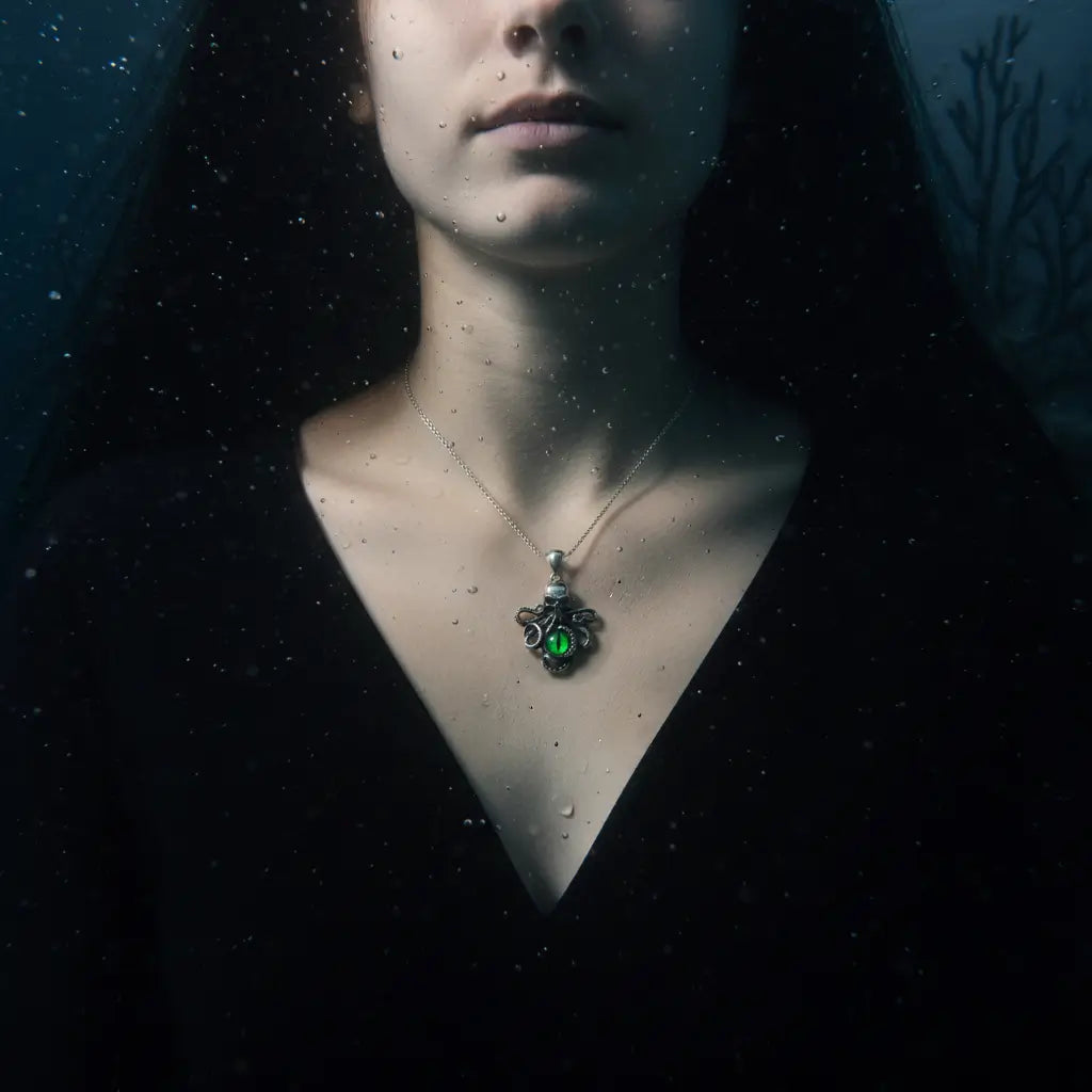 Portrait d’une femme portant le pendentif Pieuvre à l’Œil Mystique vert, fond sombre et mystérieux.