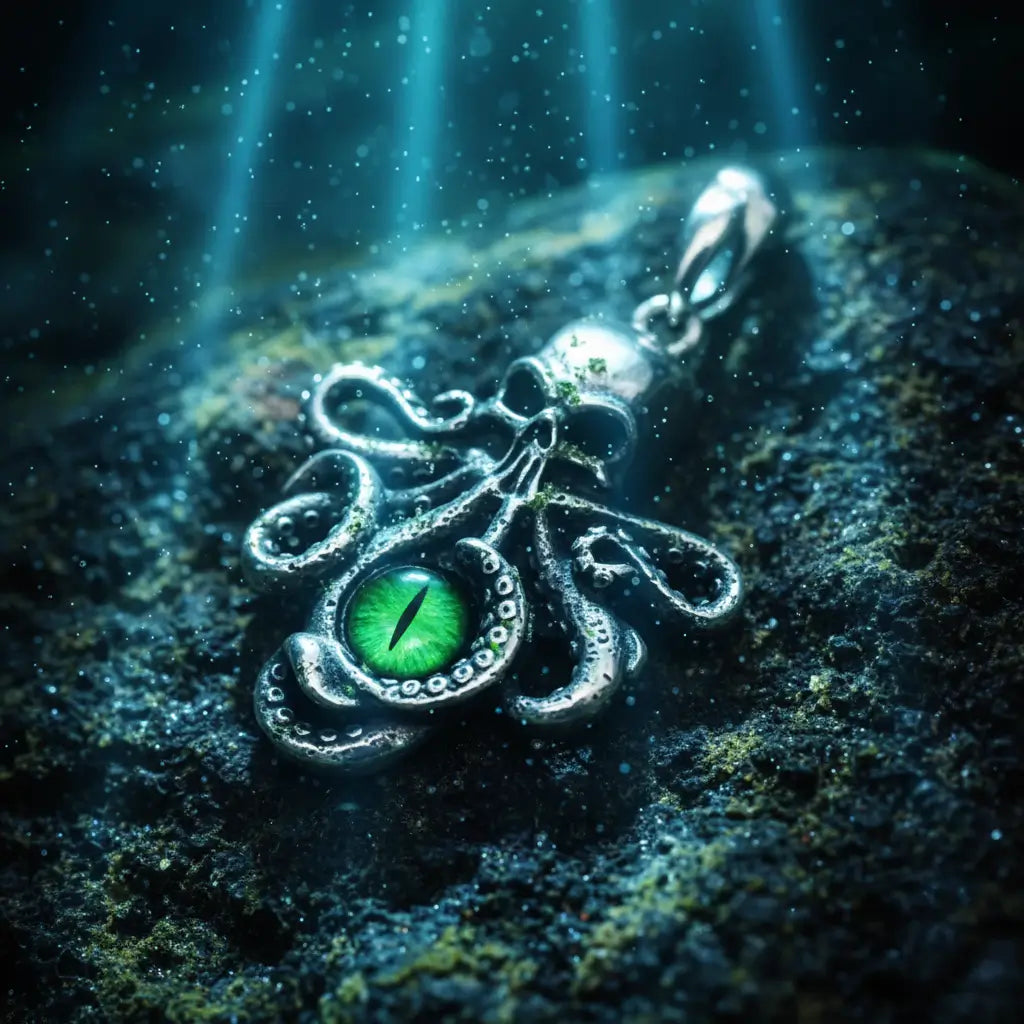 Pendentif Pieuvre à l’Œil Mystique vert posé sur des rochers marins, ambiance aquatique abyssale.