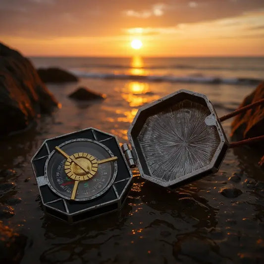 Pendentif boussole pirate posé sur le sable face à la mer au coucher du soleil, ambiance marine vintage.