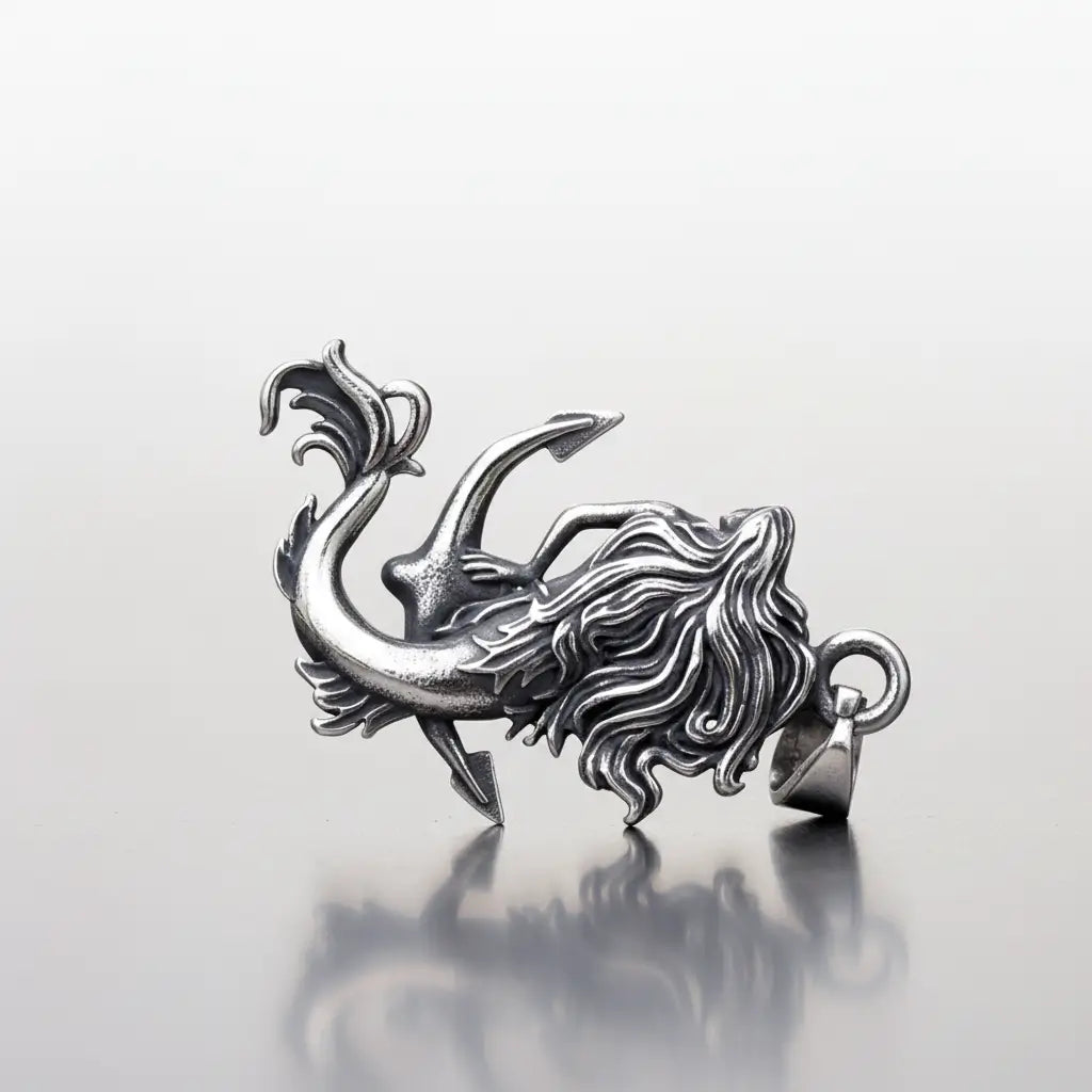 Vue de profil du pendentif Sirène des Mers, face arrière, sculpture détaillée aux reflets argentés.