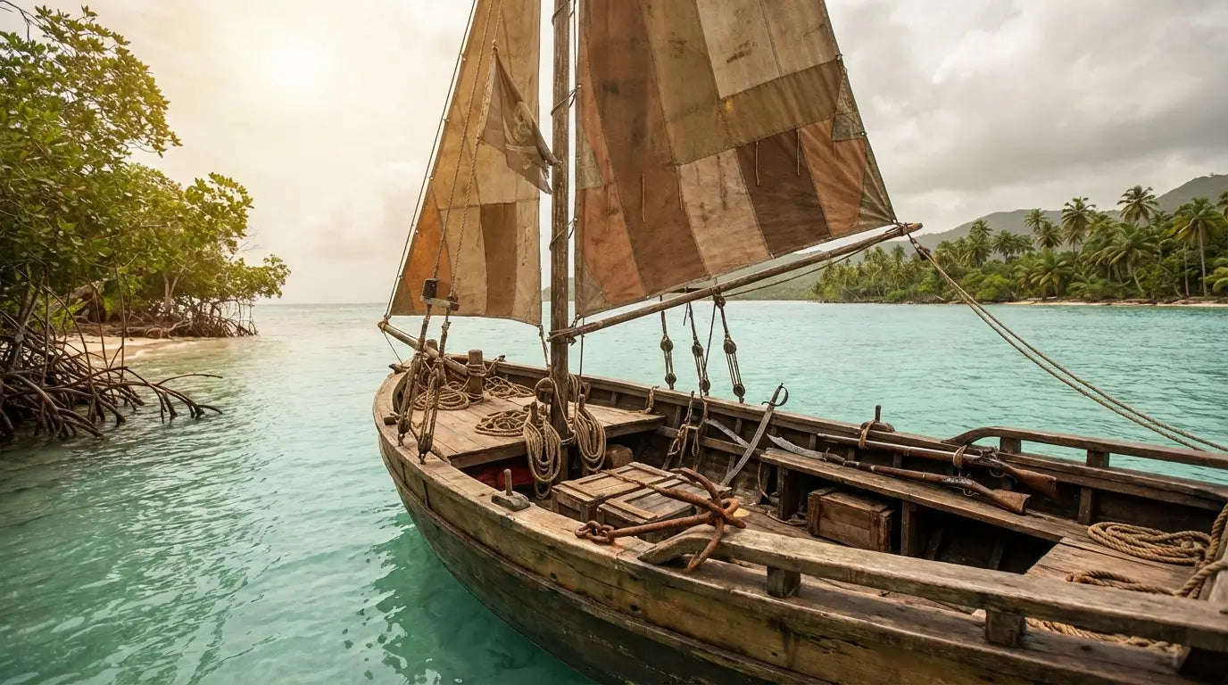 Petite barque à voile flibustier en bois dans les eaux peu profondes des Caraïbes.