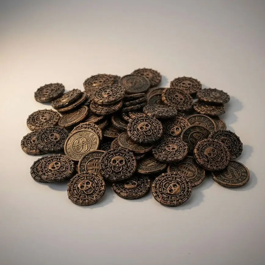 Lot de pièces pirates en bronze disposées sur fond clair, aspect patiné et réaliste, inspiré des Caraïbes.