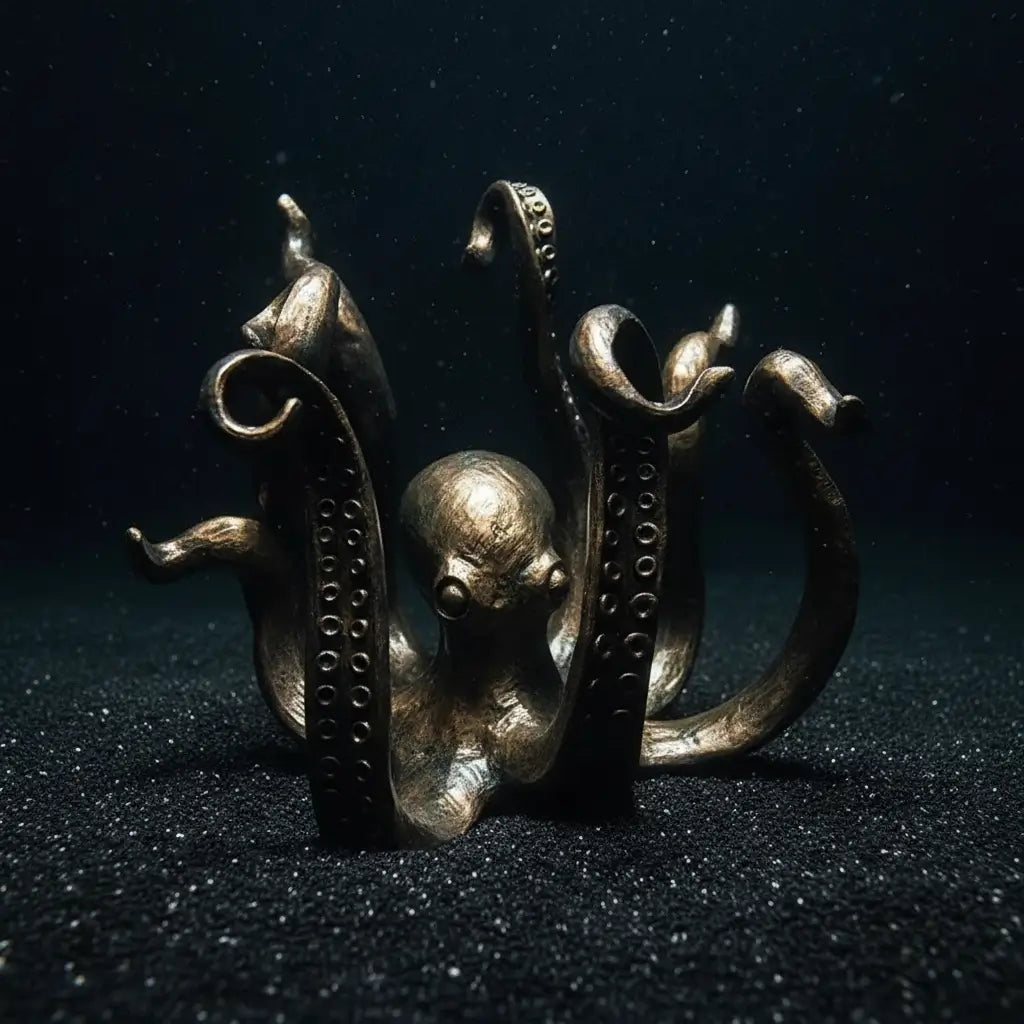 Pieuvre gardienne des tables éclairée dans une ambiance nocturne évoquant les abysses.