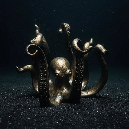 Pieuvre gardienne des tables éclairée dans une ambiance nocturne évoquant les abysses.