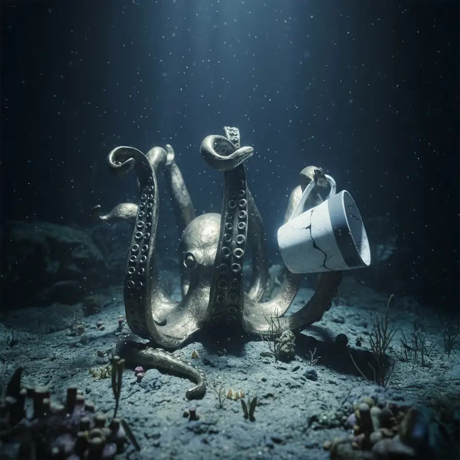 Pieuvre gardienne des tables immergée dans un décor sous-marin, symbole de gardienne des profondeurs.