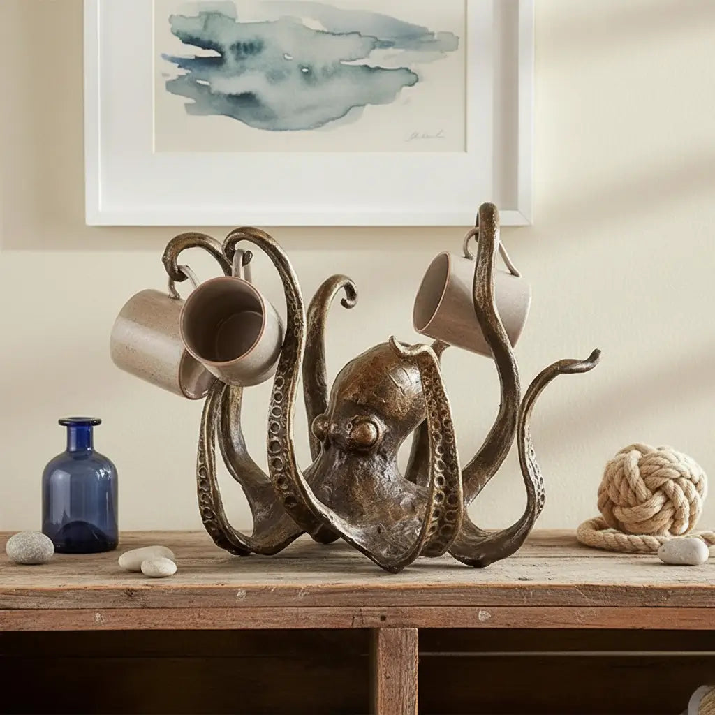 Pieuvre gardienne des tables utilisée comme support de tasse dans un intérieur à l’esprit marin.
