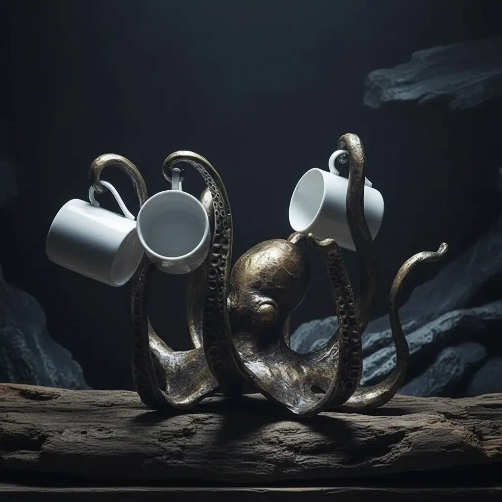 Pieuvre gardienne des tables dans une ambiance sombre et rocheuse inspirée des profondeurs marines.