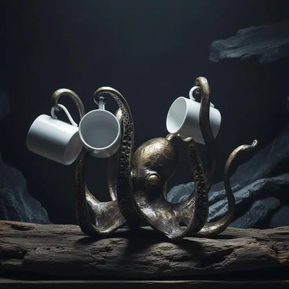 Pieuvre gardienne des tables dans une ambiance sombre et rocheuse inspirée des profondeurs marines.