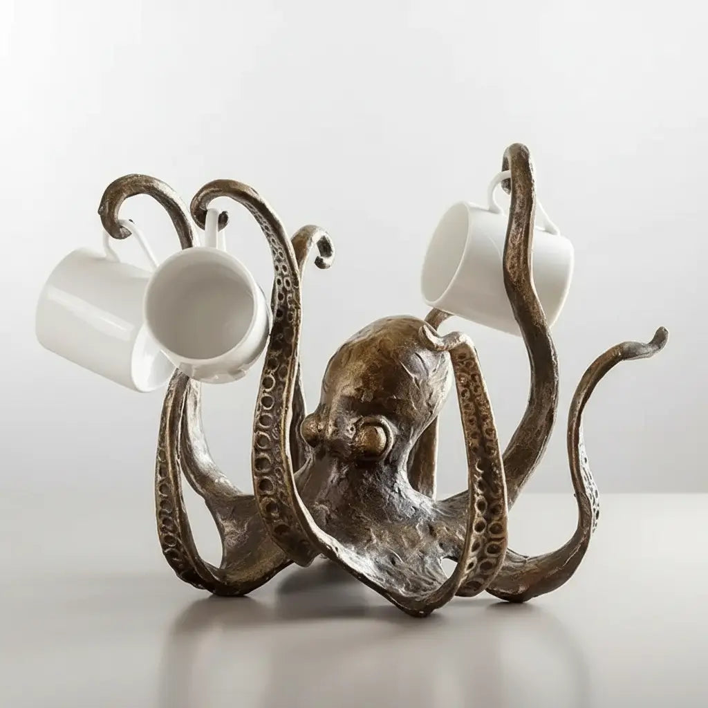 Vue produit de la pieuvre gardienne des tables tenant une tasse sur fond clair.