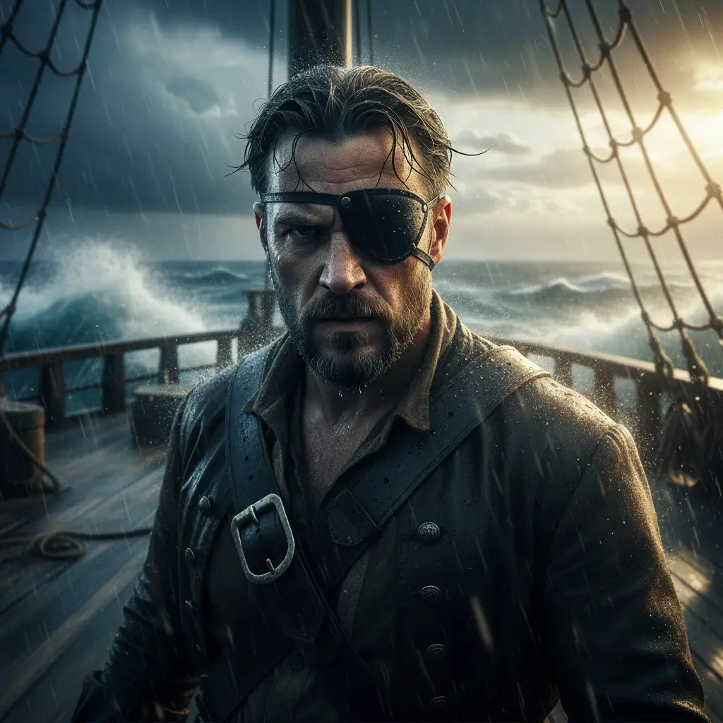 Pirate barbu portant un cache-œil noir en similicuir pendant une tempête en mer, ambiance dramatique et réaliste.