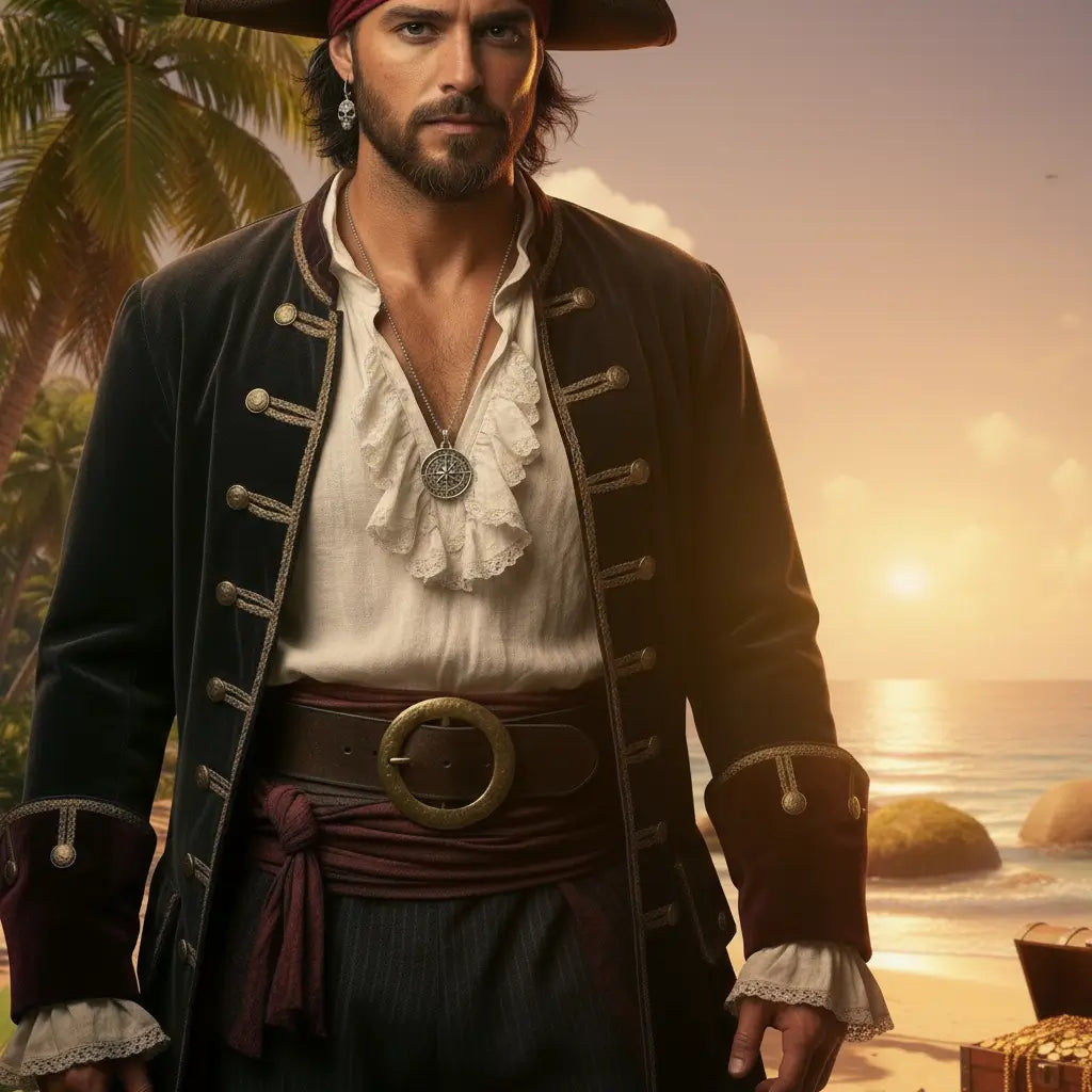 Pirate au coucher du soleil portant un collier Rose des Vents argenté, symbole d’exploration, de mer et de voyage.