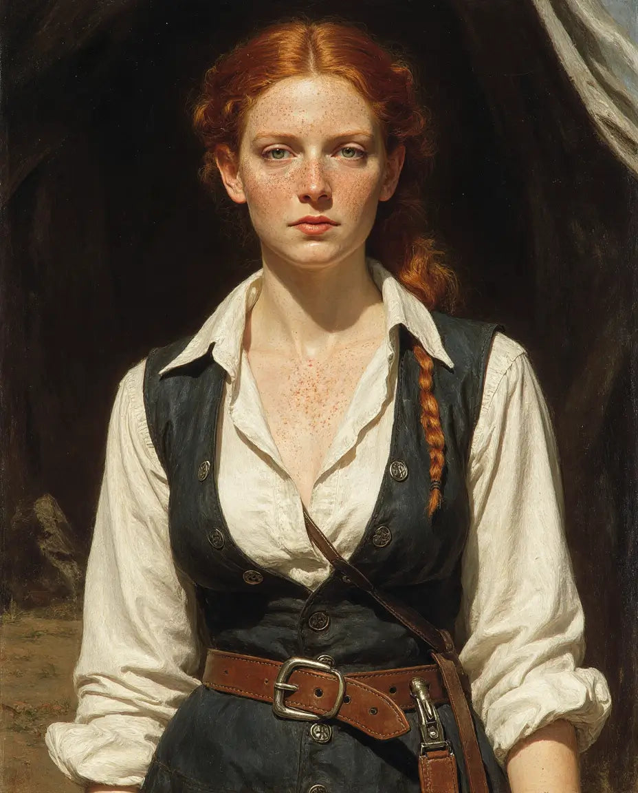 Portait d'Anne Bonny, célèbre femme pirate, illustrée en peinture à l'huile, rendu historique, réaliste.
