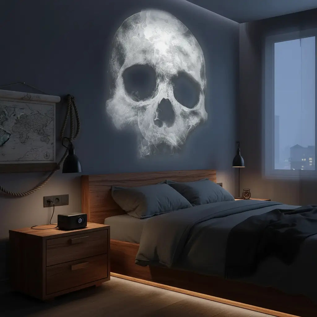 Projecteur crâne pirate projetant une lumière sur un mur de chambre.