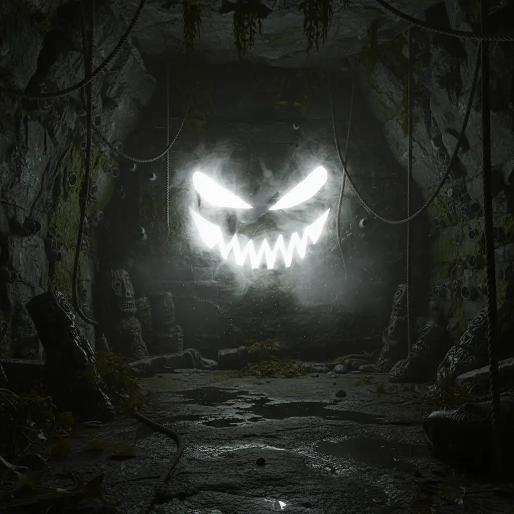 Projection de crâne lumineux pirate dans un décor de grotte sombre.