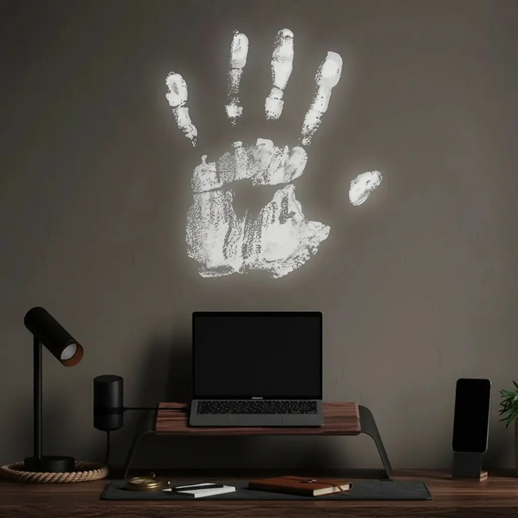 Projection de main spectrale pirate sur un mur de bureau.