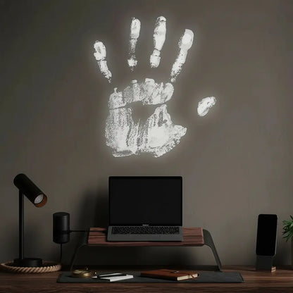 Projection de main spectrale pirate sur un mur de bureau.