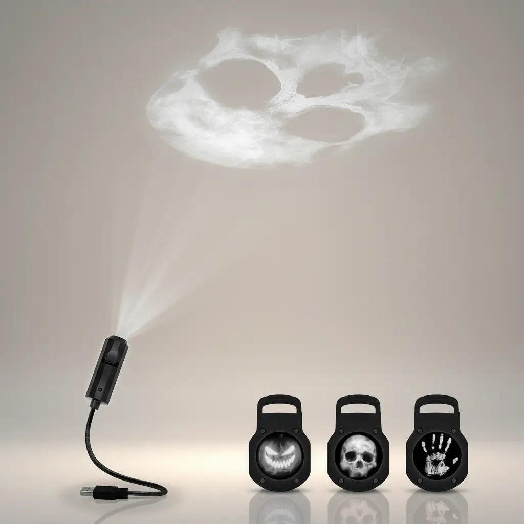 Projecteur crâne pirate avec différents motifs lumineux projetés.