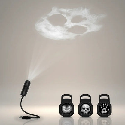 Projecteur crâne pirate avec différents motifs lumineux projetés.