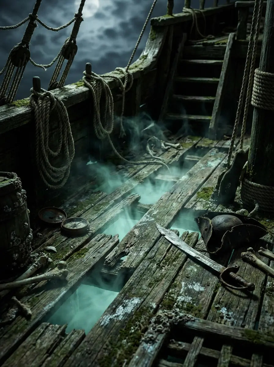 Intérieur du navire maudit du Reaper's Call, avec le plancher en bois cassé, une brume verte qui s'en échappe de façon surnaturelle.